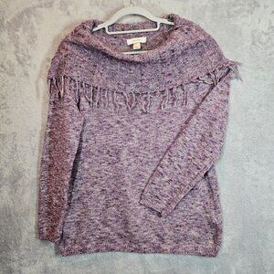 Colette Marled Knit Fringe Cowl Womens XL Purple Sweater Career career Preppy